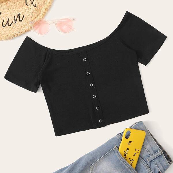 

Rib-knit Raglan Sleeve Solid Bardot Top