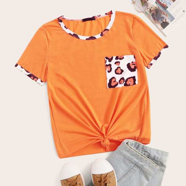

Neon Orange Leopard Pocket Patched Ringer Tee, Orange bright