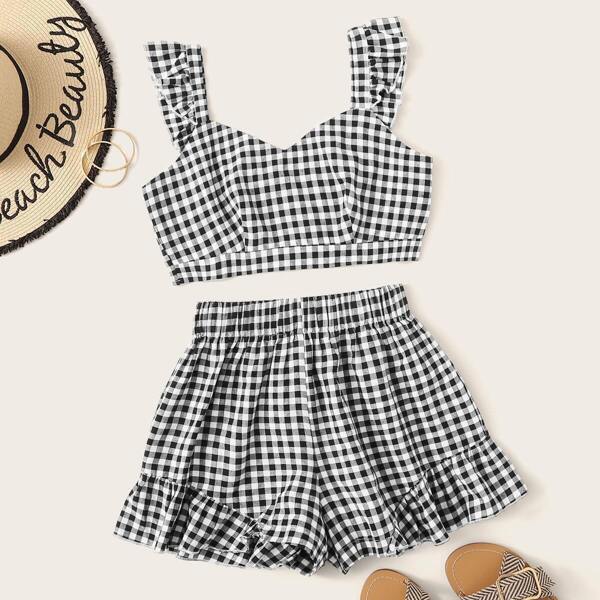 

Ruffle Strap Top & Plaid Shorts Set