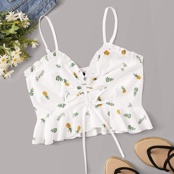 

Mixed Print Drawstring Ruffle Hem Cami Top