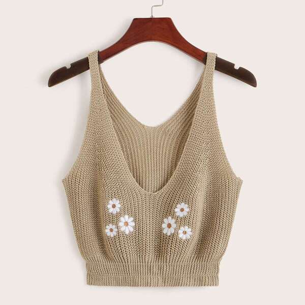 

V-neck Embroidered Floral Crop Top, Khaki
