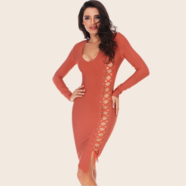 

Adyce Deep V Neck Grommet Lace Up Pencil Dress, Orange