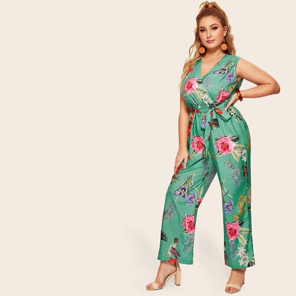 

Plus Floral Print Surplice Front Self Tie Jumpsuit, Green