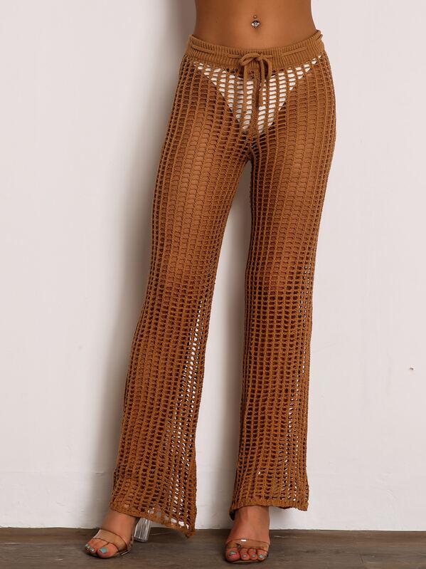 

Joyfunear Solid Drawstring Waist Straight Leg Crochet Pants, Brown