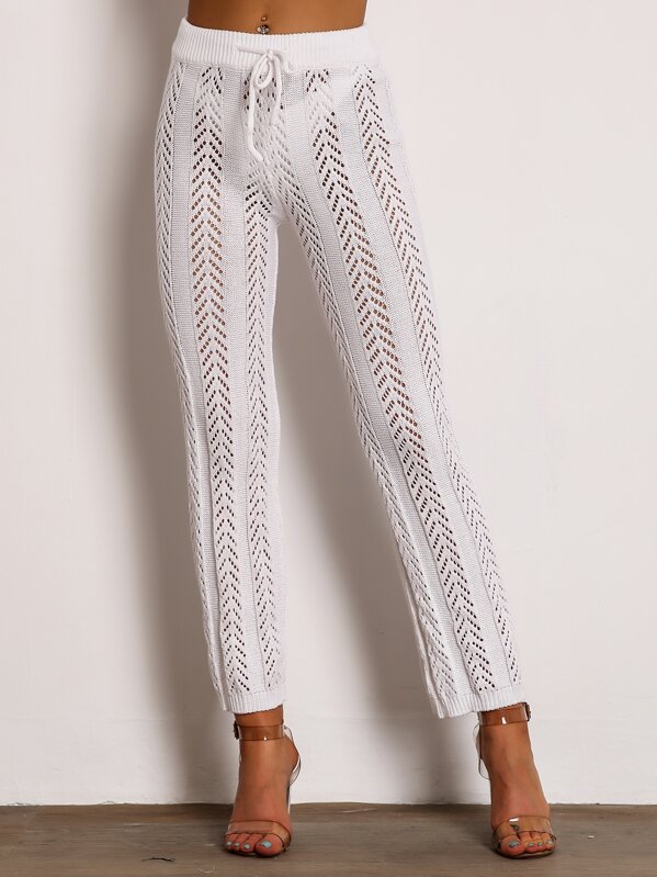 

Joyfunear Solid Drawstring Waist Straight Leg Crochet Pants, White