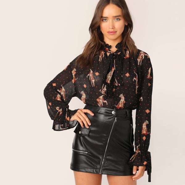 

Frill Tie Neck Knot Flounce Sleeve Sheer Top