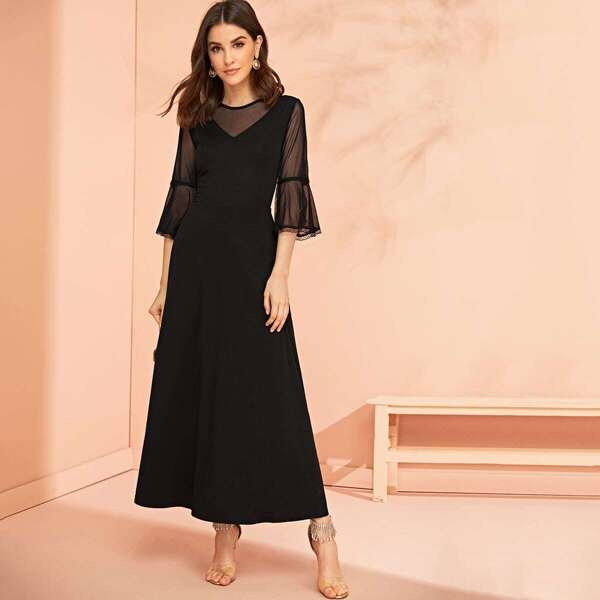 

Contrast Mesh Flounce Sleeve Dress, Black
