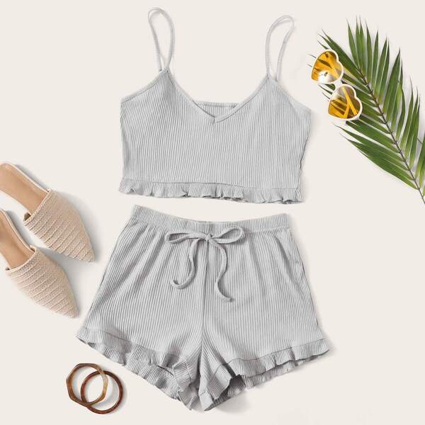 

Solid Frill Trim Crop Cami Top With Shorts, Grey