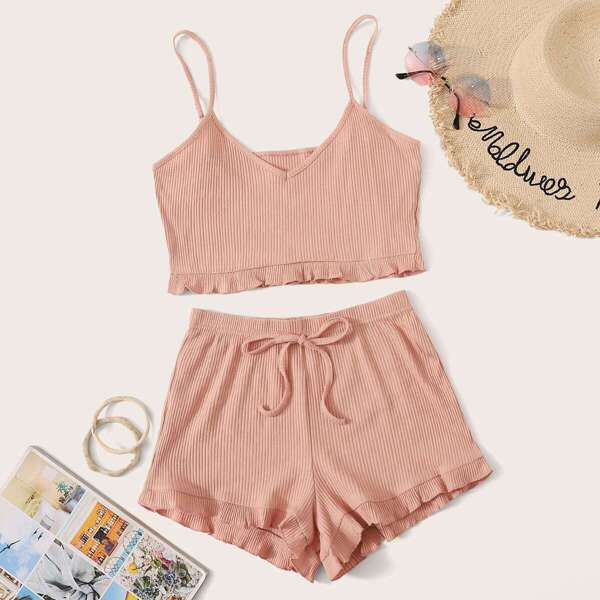 

Ribbed Frill Trim Cami Top With Drawstring Waist Shorts