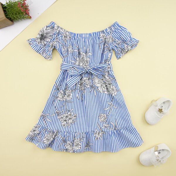 

Toddler Girls Floral & Stripe Print Belted Peplum Dress