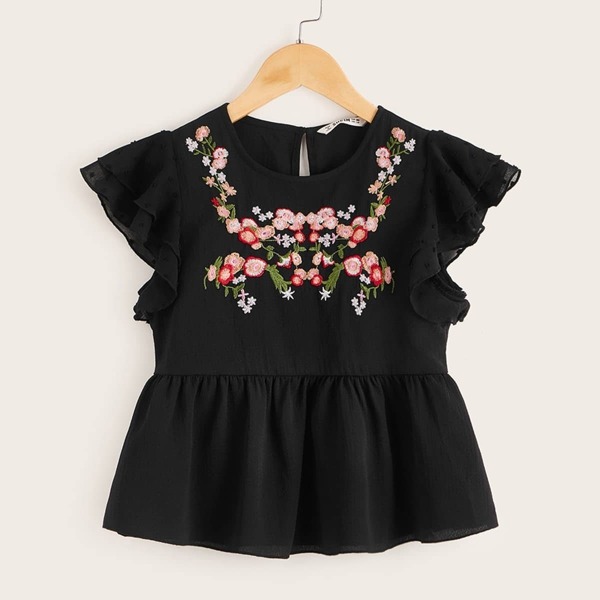 

Girls Ruffle Armhole Floral Embroidered Top