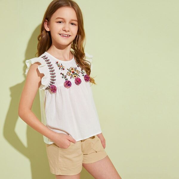 

Girls Embroidered Yoke Ruffle Armhole Pompom Detail Top