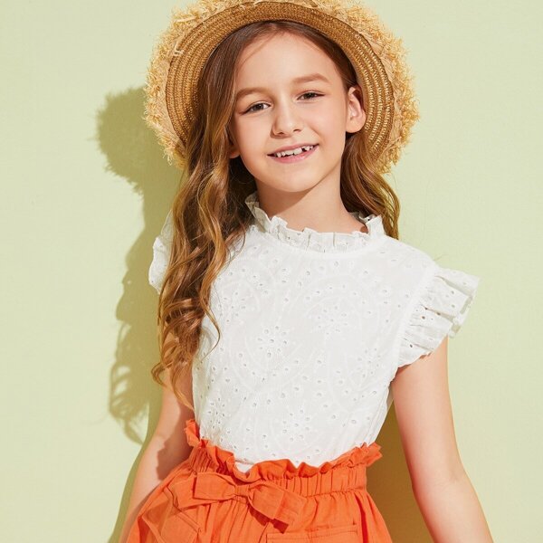 

Girls Mock-Neck Embroidery Eyelet Top, White