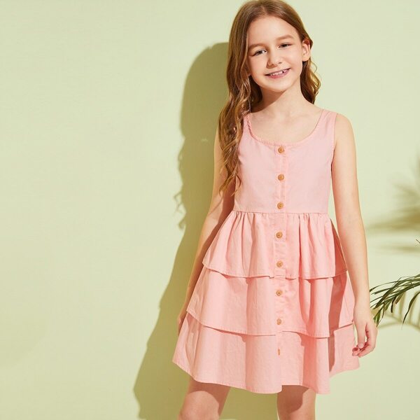 

Girls Button Front Tiered Layer A-line Dress, Pink pastel