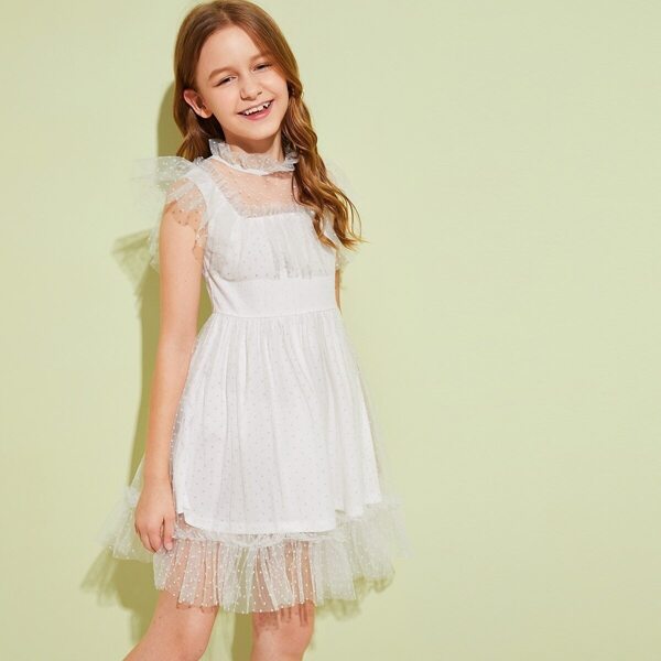 

Girls Frilled Neck Polka Dot Mesh Overlay Dress, White