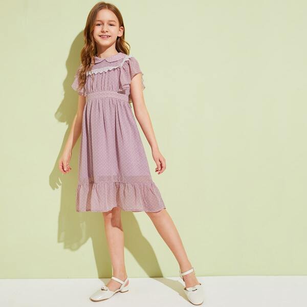 

Girls Contrast Lace Ruffle Cuff & Hem Polka Dot Dress