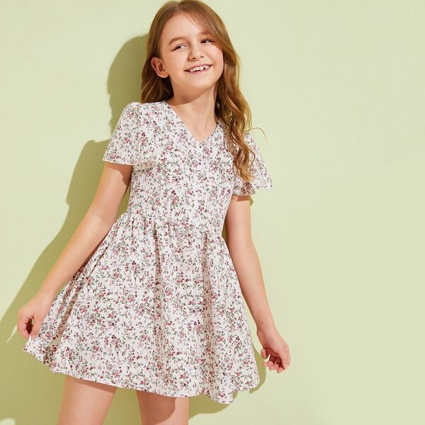 

Girls Ditsy Floral Flutter Sleeve Fit & Flare Dress, Multicolor