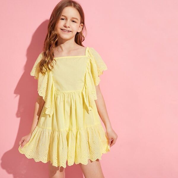 

Girls Schiffy Ruffle Trim Solid Dress, Yellow pastel