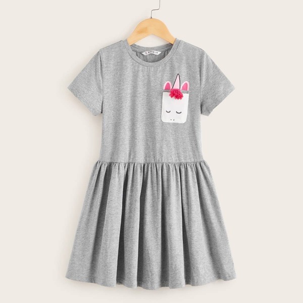 

Girls Appliques Cartoon Pocket Patched Dress