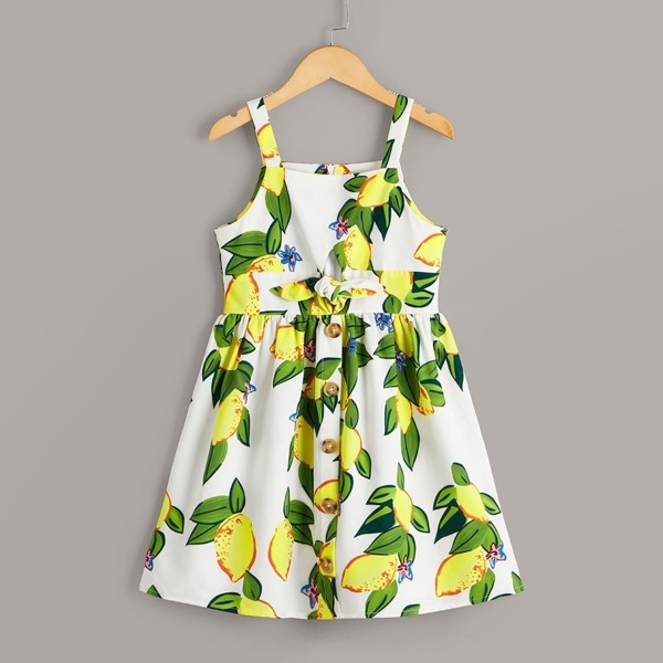 

Girls Lemon Print Tie Front Button Detail Dress, Multicolor