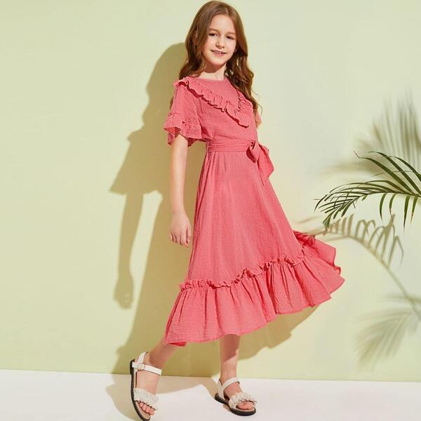 

Girls Ruffle Trim Self Belted Swiss Dot Dress