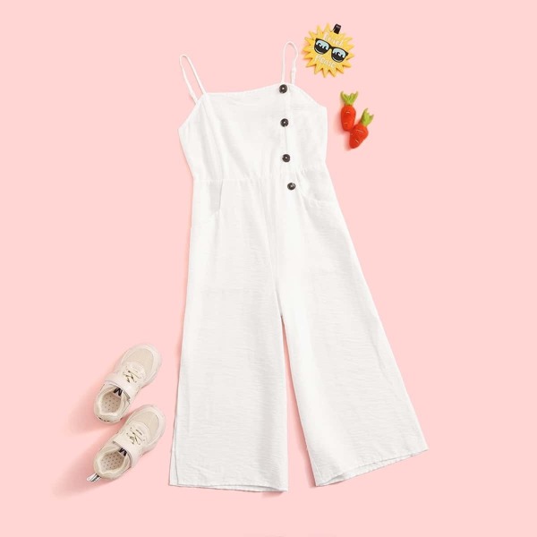

Girls Buttoned Shirred Back Split Side Cami Jumpsuit