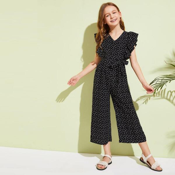 

Girls Confetti Heart Print Ruffle Armhole Jumpsuit, Black