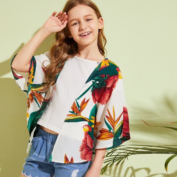 

Girls Tropical Print Batwing Sleeve Kimono