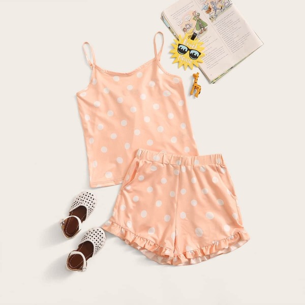 

Girls Polka Dot Cami Top & Ruffle Hem Shorts PJ Set