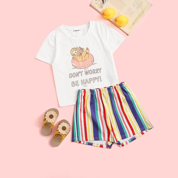 

Girls Cartoon and Slogan Tee and Striped Shorts PJ Set