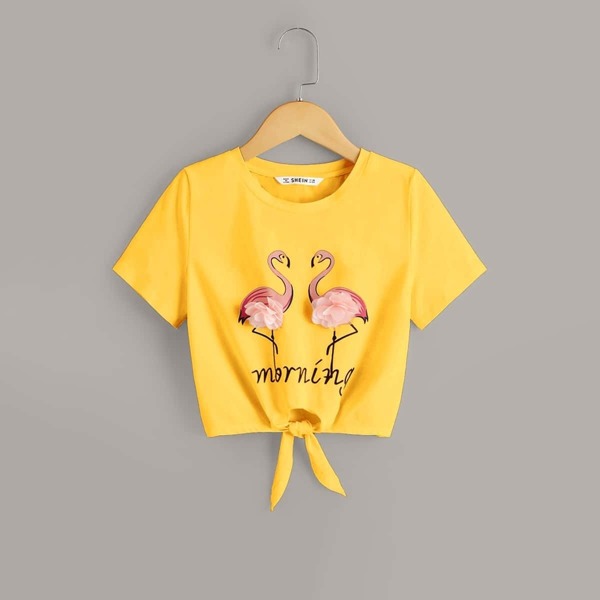 

Girls Letter & Flamingo Applique Knot Hem Tee