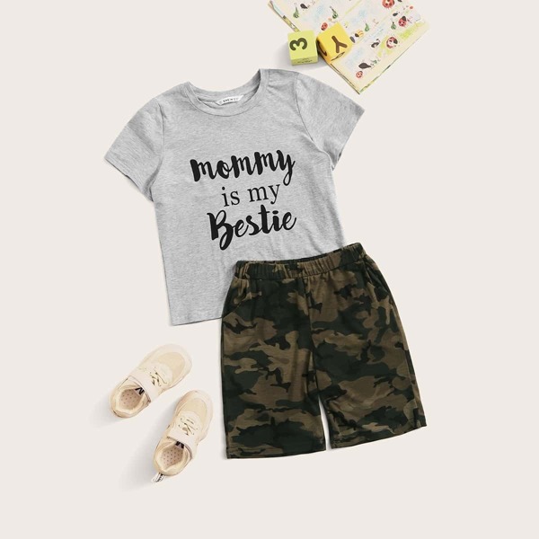 

Boys Slogan Print Top & Camo Print Shorts Set