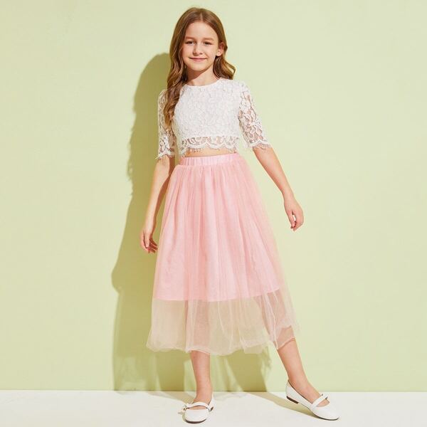 

Girls Lace Overlay Crop Top & Mesh Skirt Set, Multicolor