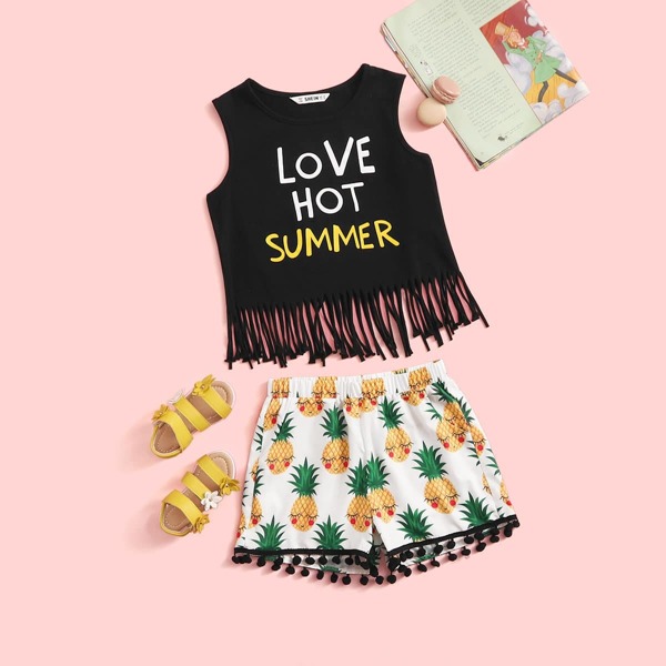 

Girls Slogan Print Fringe Hem Tank and Pompom Shorts Set, Black and white