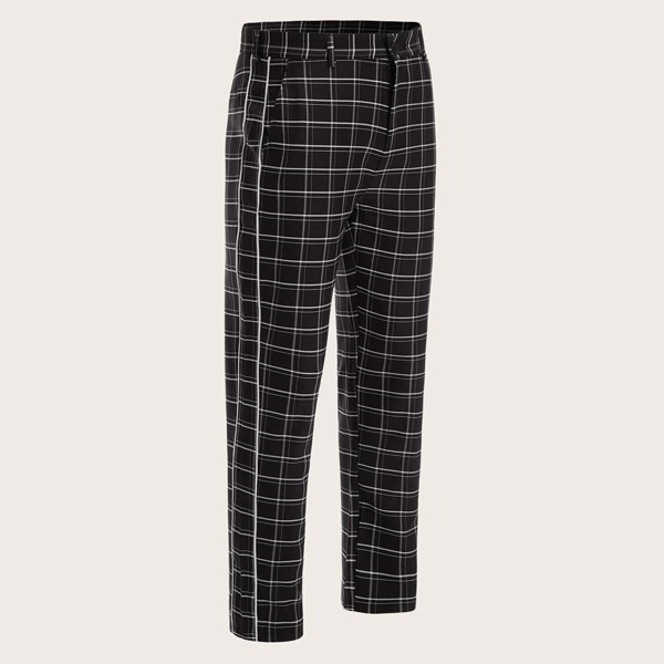 

Men Contrast Piping Side Grid Pants, Black