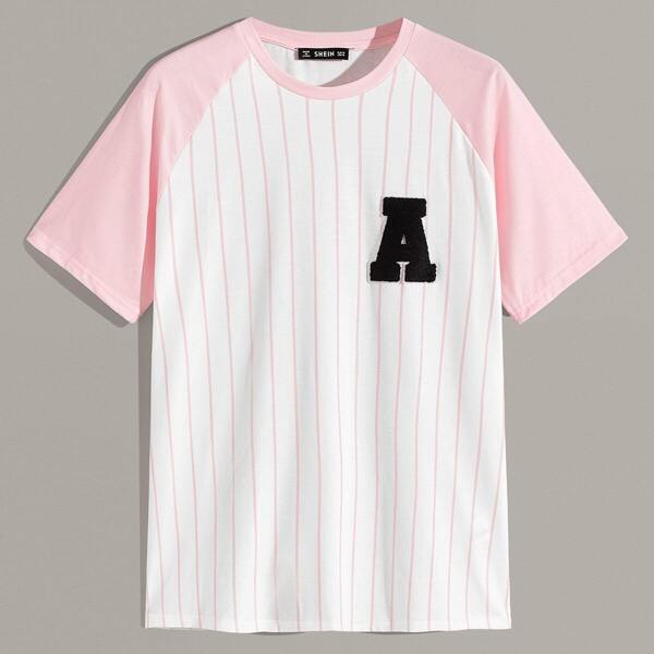 

Men Raglan Sleeve Patched Striped Tee, White