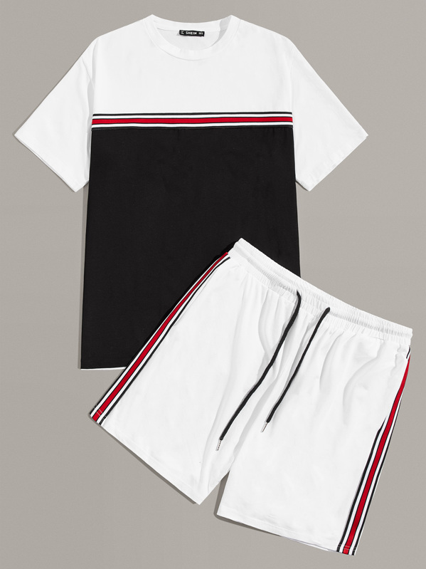 

Men Striped Tape Colorblock Tee & Shorts Set, Black and white