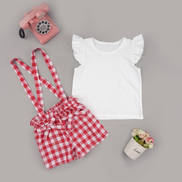 

Toddler Girls Ruffle Trim Top With Gingham Paperbag Shorts, Multicolor