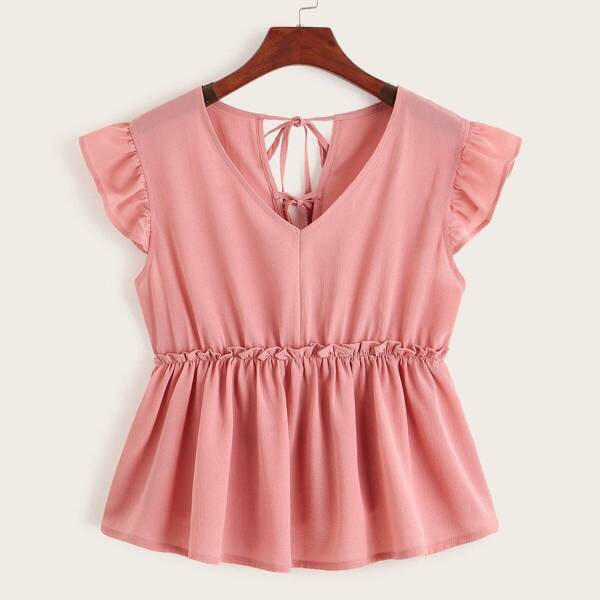 

Frill Trim Tie Back Peplum Blouse, Pink