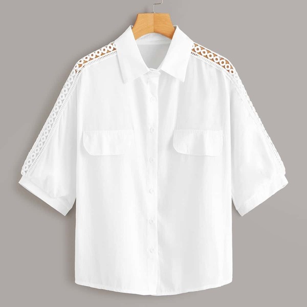 

Solid Contrast Lace Button Front Blouse