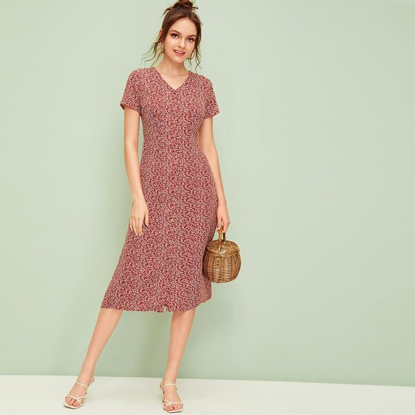 

Ditsy Floral Button Front Midi Dress, Multicolor
