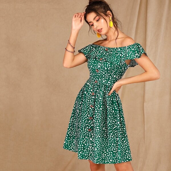 

Confetti Print Button Front Ruffle Trim Off Shoulder Dress