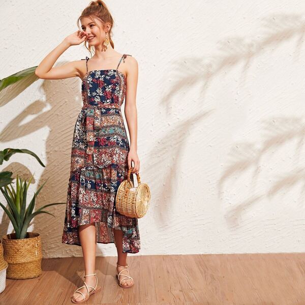 

Tribal Print Lettuce Trim Self Tie Cami Dress