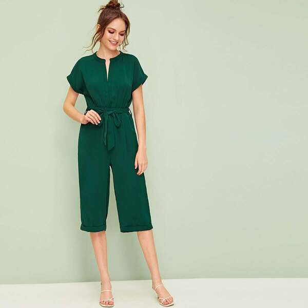 

Solid Notched Belted Roll Up Hem Midi Jumpsuit, Green