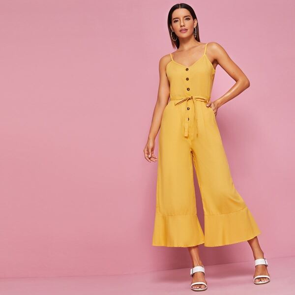 

Button Front Self Tie Flare Leg Cami Jumpsuit