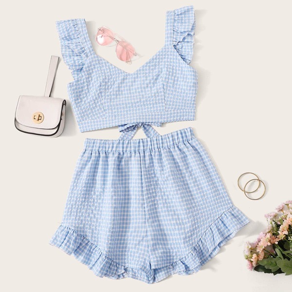 

Gingham Ruffle Tie Back Cami Top With Shorts, Blue