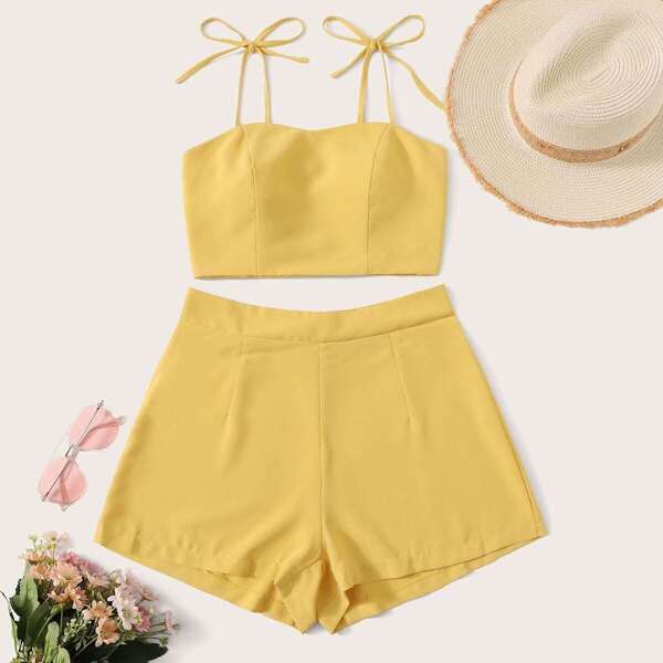 

Solid Shirred Knot Cami Top With Shorts