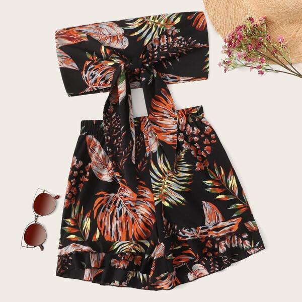 

Tropical Print Tie Front Bandeau With Shorts
