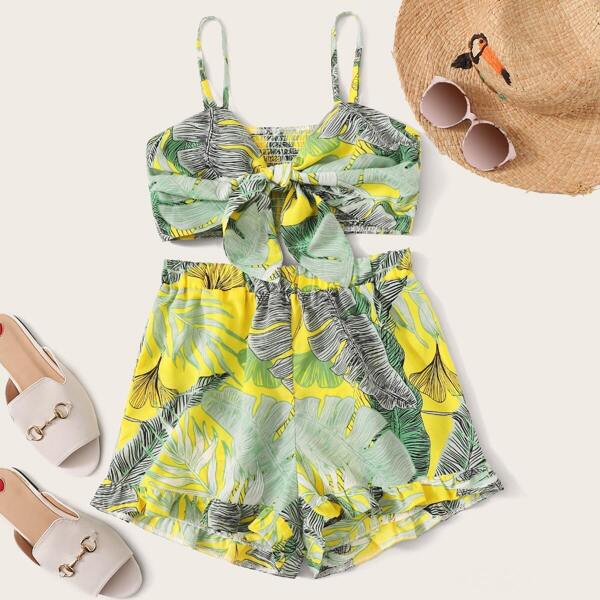 

Tropical Print Tie Front Shirred Cami Top With Shorts