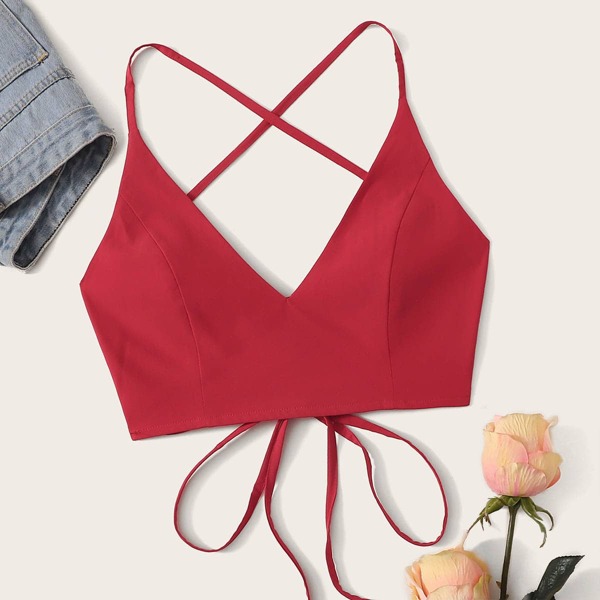 

Solid Lace Up Back Crop Cami Top, Red